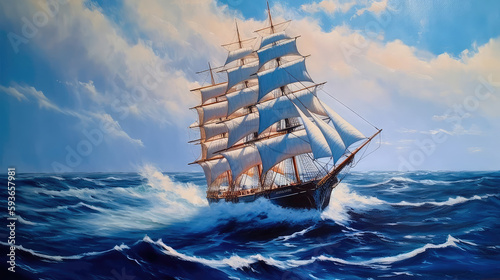 Large ship sailing the ocean, oil painting art . Generative AI
