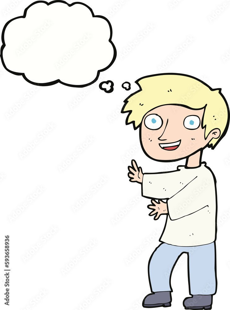 cartoon excited boy with thought bubble