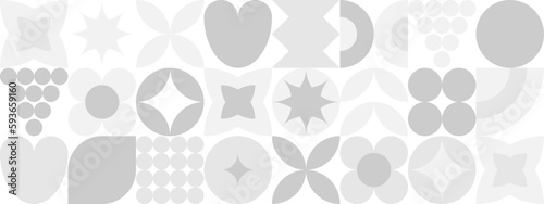 Geometric shapes in the form of fruits and vegetables, a trendy background of gray and white flowers for the menu in the restaurant. Vegetarian food is drawn with simple shapes seamless pattern.