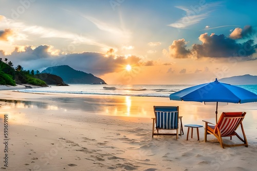 Beautiful beach banner. White sand, chairs and umbrella travel tourism wide panorama background concept. Amazing beach landscape © Beste stock