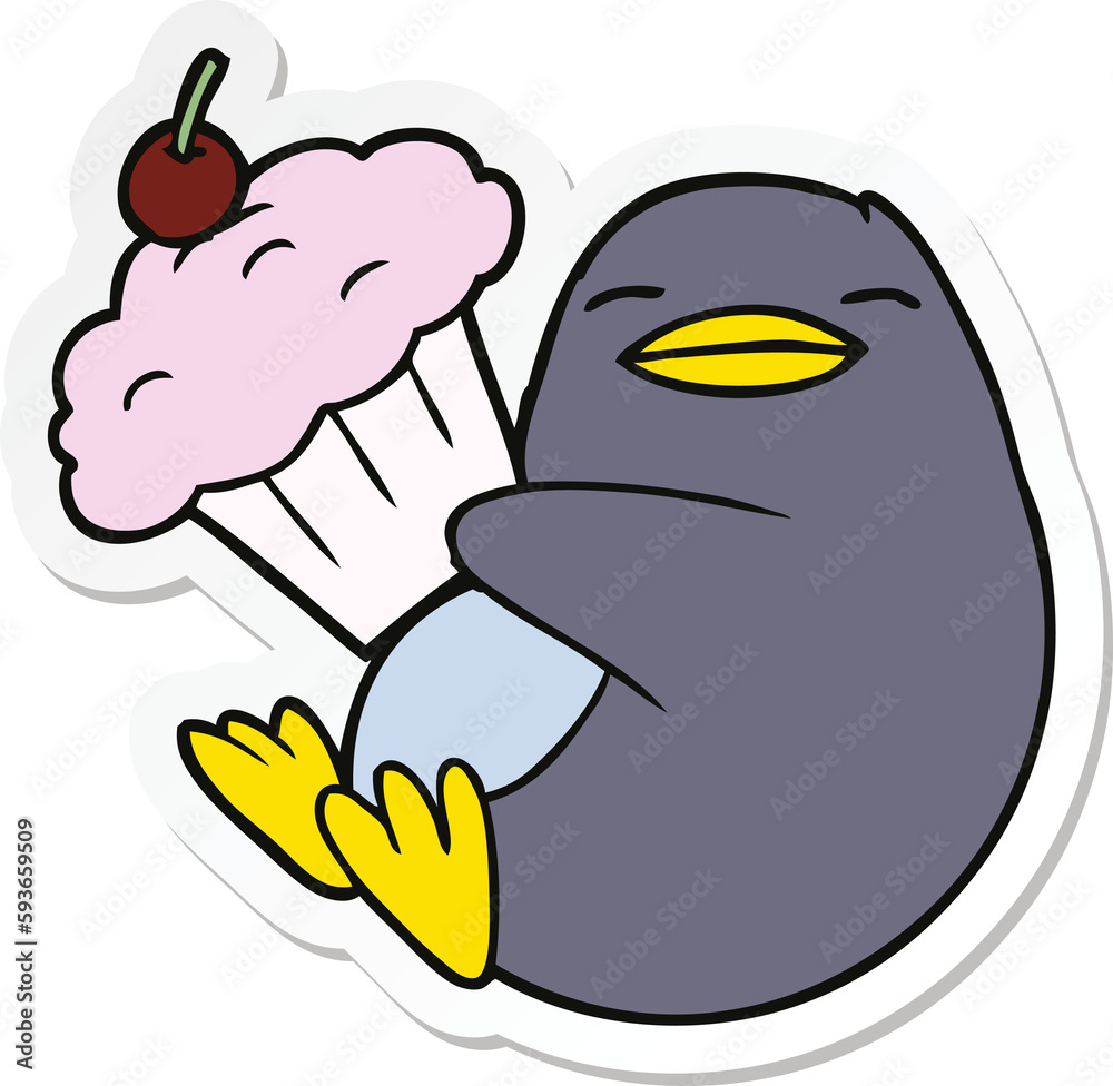 Obraz premium sticker of a cartoon penguin with cupcake