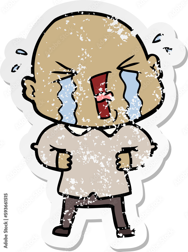 distressed sticker of a cartoon crying bald man