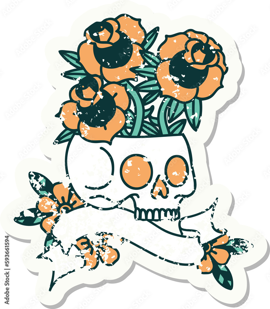 grunge sticker with banner of a skull and roses