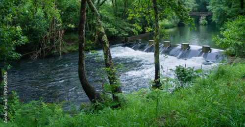 Panoramic view of the fast falling waters of the Sor river in the recreational area of       Ponte Segade  La Coru  a  surrounded by green forest in summer 2021  Spain.
