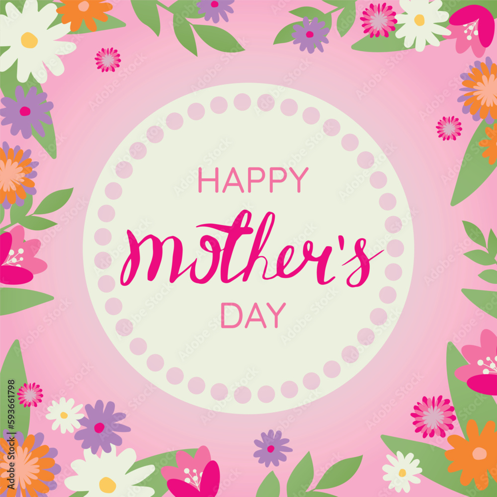 Happy mothers day greeting card with blossom flowers. Card with flowers and leaves on pink background with space for text and lettering.