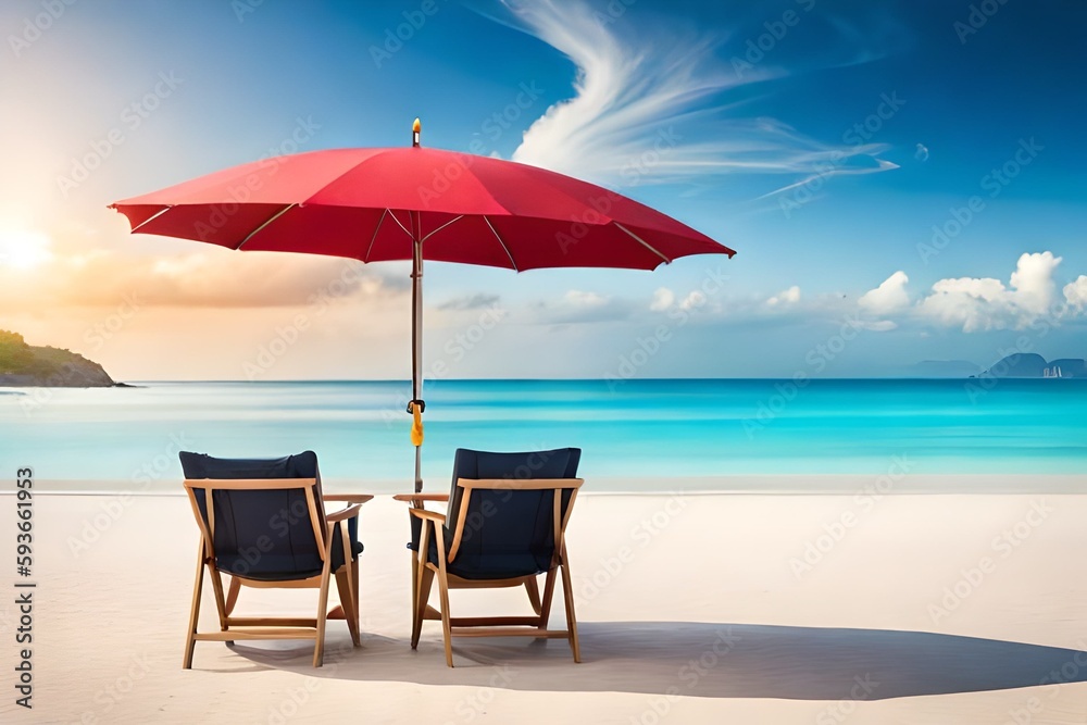 Beautiful beach banner. White sand, chairs and umbrella travel tourism wide panorama background concept. Amazing beach landscape