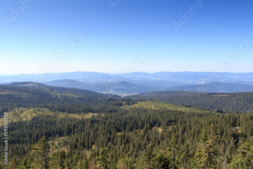 Panorama view of Bavarian Forest and municipality Bodenmais seen from mountain Gro  er Arber  Germany