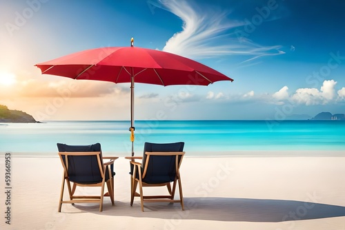 Beautiful beach banner. White sand, chairs and umbrella travel tourism wide panorama background concept. Amazing beach landscape © Beste stock