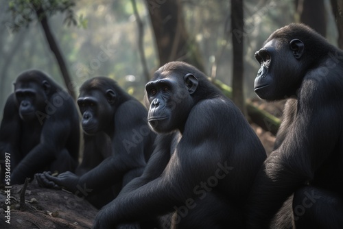 A detailed illustration of a group of primates, such as monkeys or gorillas, in their natural habitat, Generative AI © GERALDO