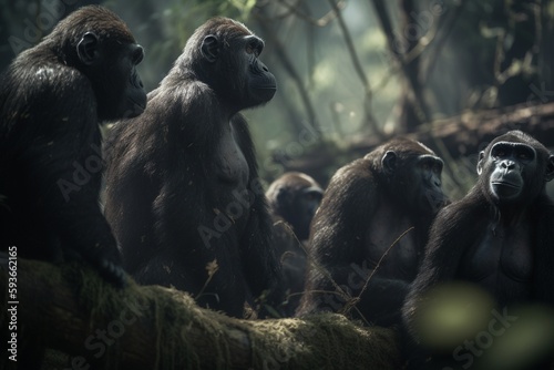 A detailed illustration of a group of primates  such as monkeys or gorillas  in their natural habitat  Generative AI