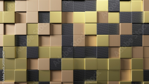3d gold and copper and black cubes banner background in perspective view. 3d render illustration.
