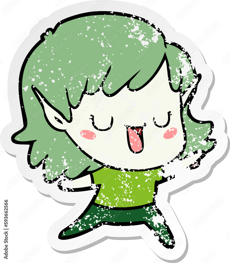 distressed sticker of a cartoon elf girl distressed sticker of a cartoon elf girl