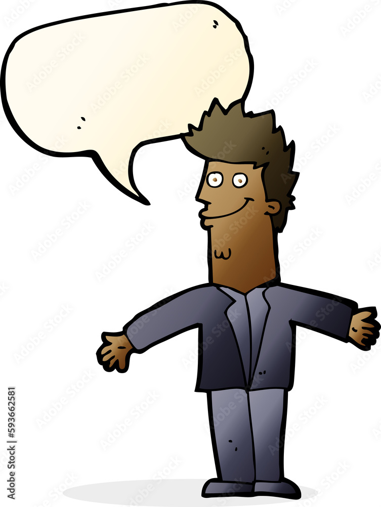 cartoon happy man with open arms with speech bubble cartoon happy man with open arms with speech bubble
