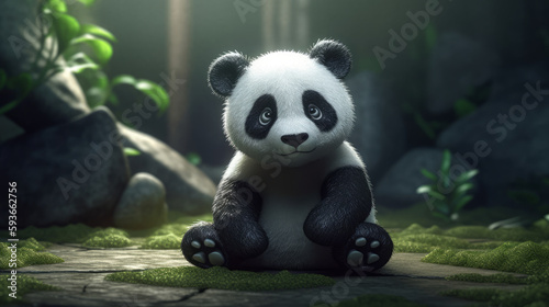 Super Cute little baby Panda bear in the forest. Funny small cartoon character with big eyes. AI generated