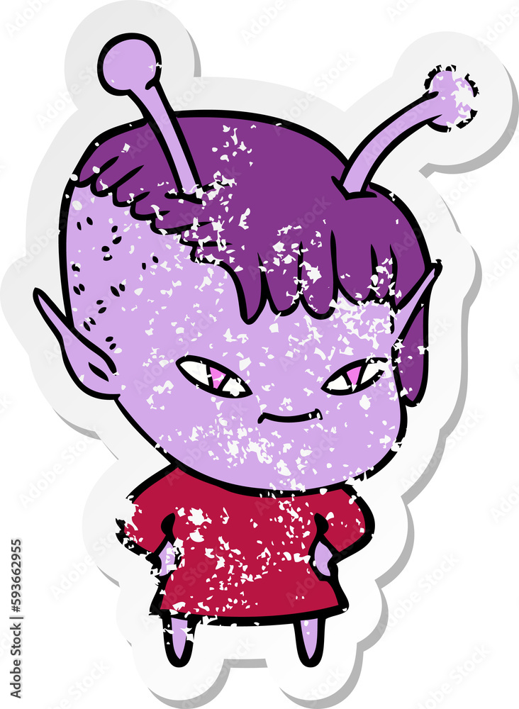 distressed sticker of a cute cartoon alien girl distressed sticker of a cute cartoon alien girl