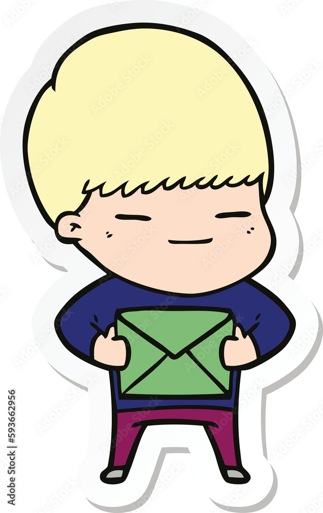 sticker of a cartoon smug boy carrying present sticker of a cartoon smug boy carrying present