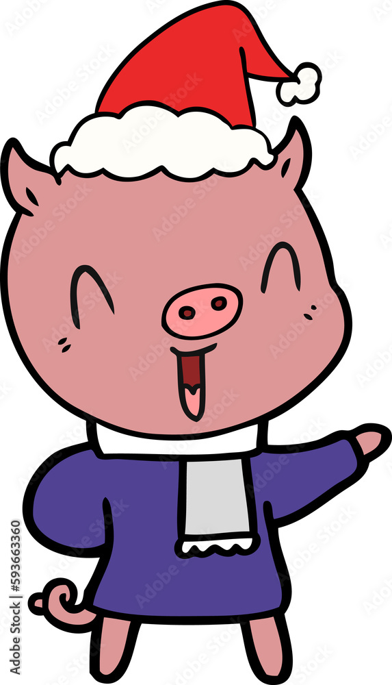 happy line drawing of a pig in winter clothes wearing santa hat happy line drawing of a pig in winter clothes wearing santa hat