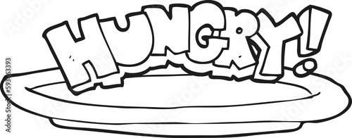 black and white cartoon empty plate with hungry symbol