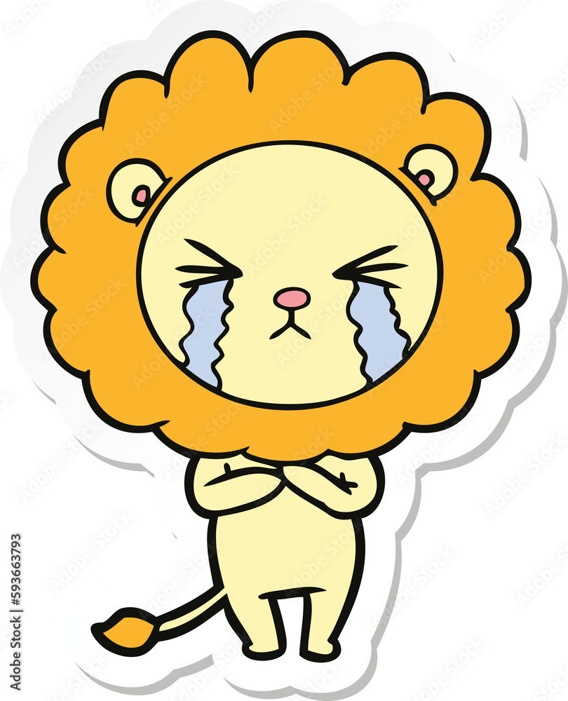 sticker of a cartoon crying lion