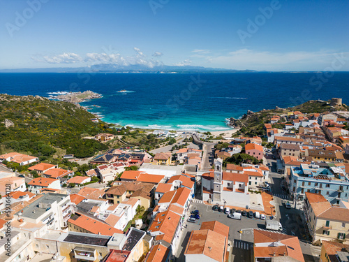 Landscape aerial view of Santa Teresa Gallura and famous Rena Bianca beach in Northern Sardegna, Italy
