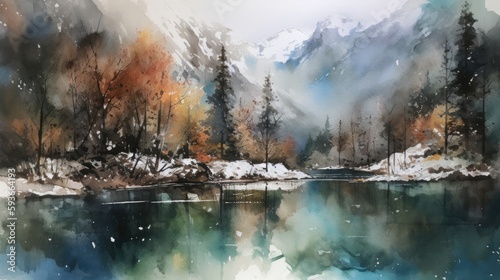 illustration of the alps with beautiful lake in front of it, watercolor masterpiece,Generative AI.