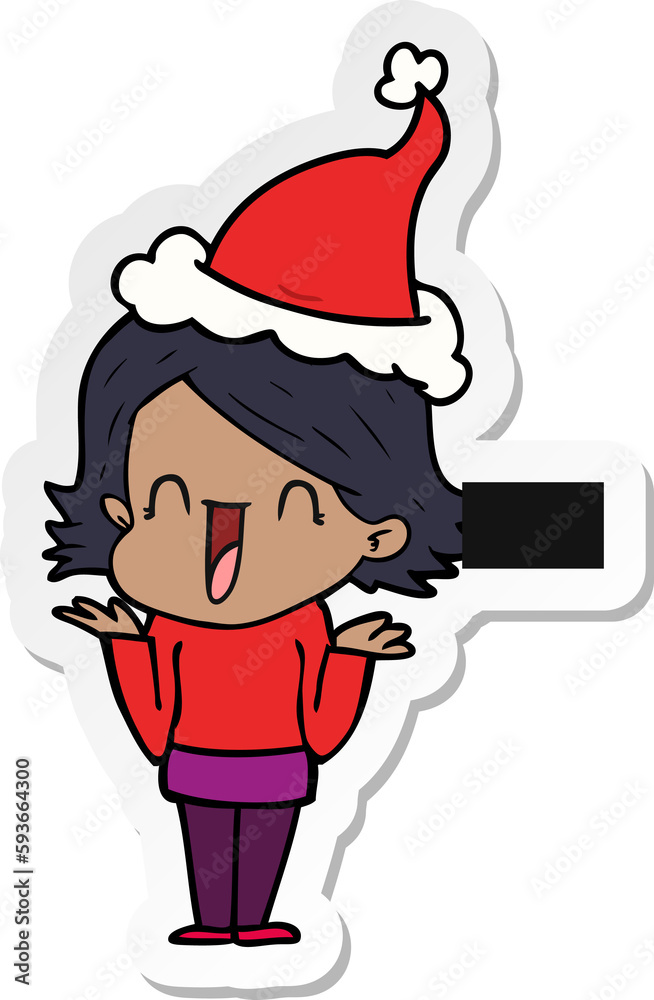 sticker cartoon of a happy woman wearing santa hat