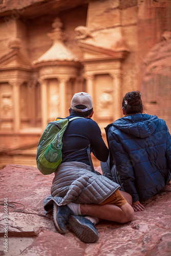 View of the Al-Khazneh Palace or Treasury in Petra, Jordan.