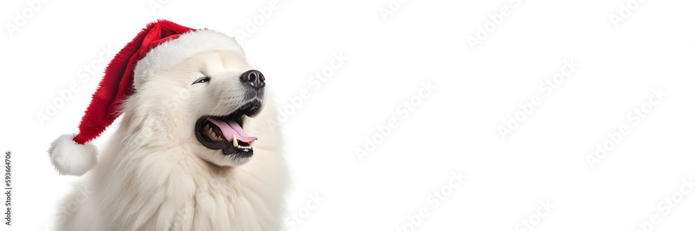 A white fluffy samoyed dog in a Santa Claus hat. Big dog in a red Santa hat. New year or Christmas Long Banner with copy cpace.