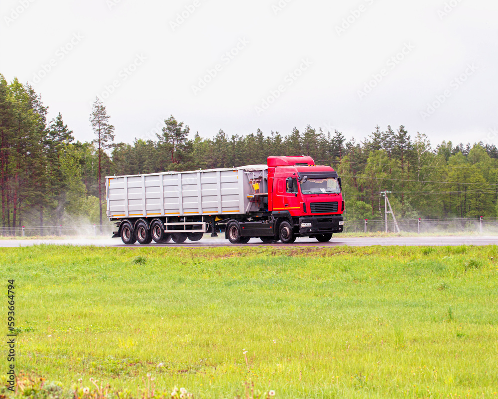 A truck with a semi-trailer for bulk cargo rides in rainy weather against the backdrop of a forest. Copy space for text