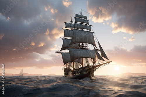 pirates ship burning in open sea, night scene with reflection , created using AI tools