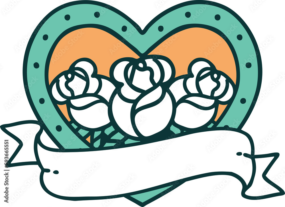 tattoo style icon of a heart and banner with flowers tattoo style icon of a heart and banner with flowers