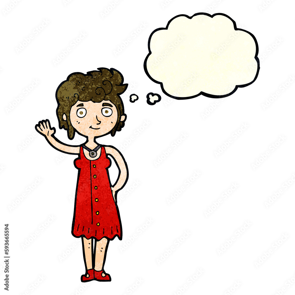 cartoon hippie woman waving with thought bubble cartoon hippie woman waving with thought bubble