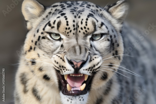 angry snow leopard with ears back and showing teeth looking at camera.