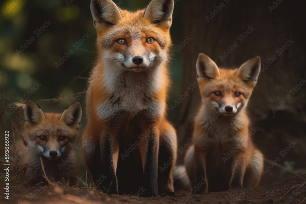 Fototapeta premium fox with her cubs looking at camera.