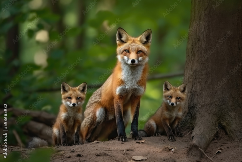 fox with her cubs looking at camera. fox with her cubs looking at camera.