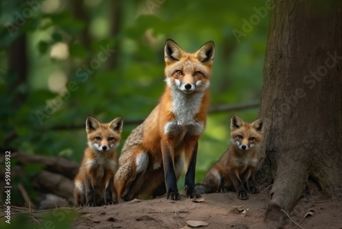 fox with her cubs looking at camera.