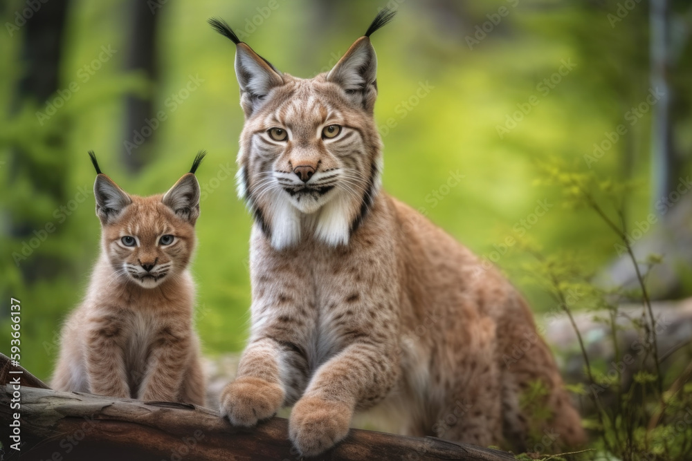 lynx with her cubs looking at the camera. lynx with her cubs looking at the camera.