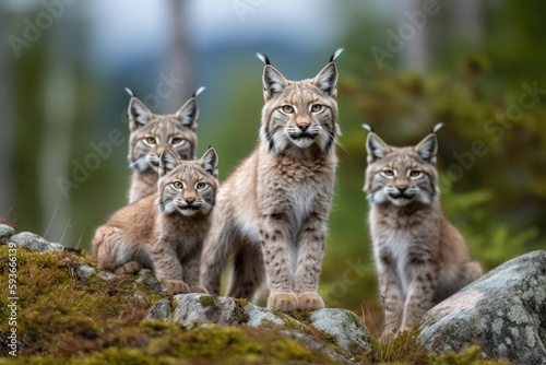 lynx with her cubs looking at the camera.