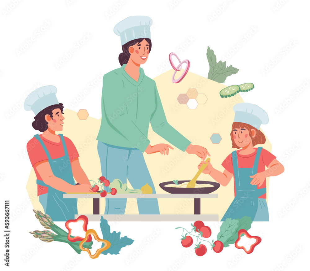 Cooking class with kids banner. Children in chef hat cook with adult, flat cartoon vector illustration isolated on white. Cooking class with kids banner. Children in chef hat cook with adult, flat cartoon vector illustration isolated on white.