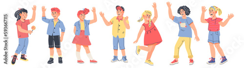 Happy children greeting each other. Cheerful smiling kids characters. Boys and girls standing in row, flat cartoon vector illustration isolated on white.