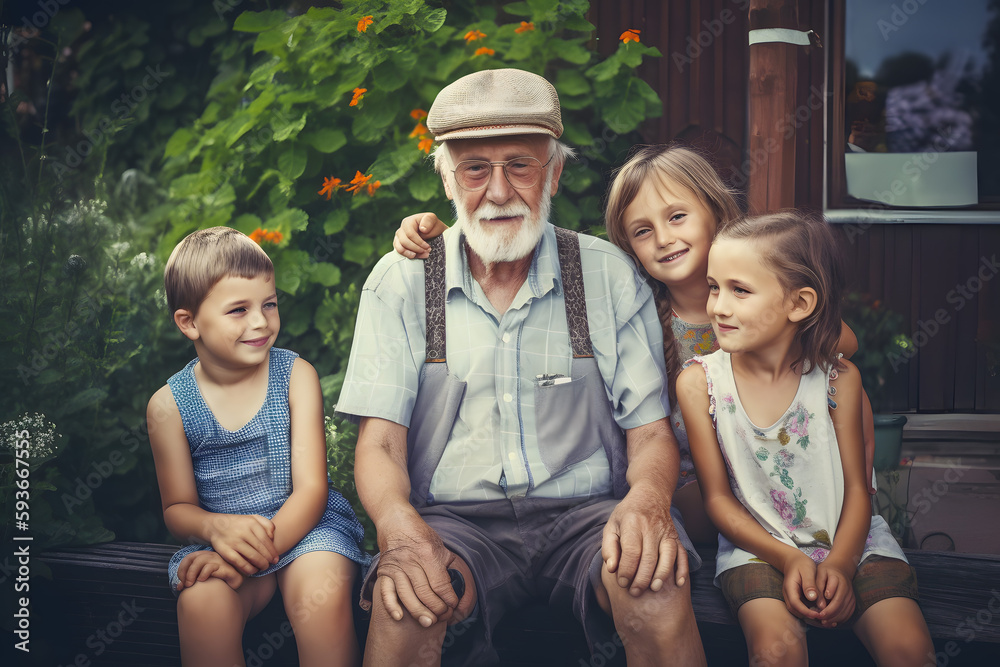 Family photography portrait of grandparents and grandchildren girls and boys on a bench porch of a wooden house in summer. Generative AI.