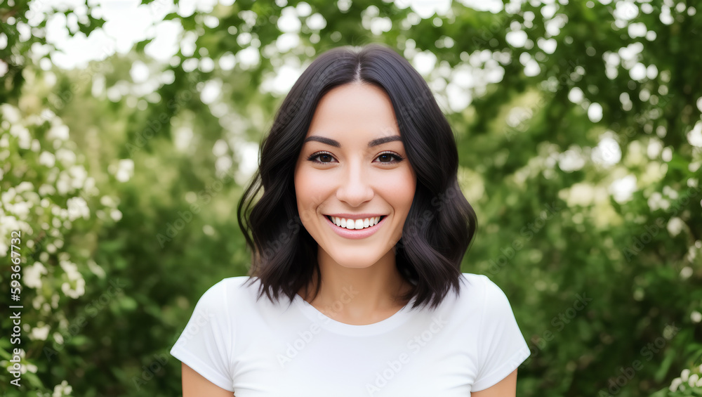 Portrait of beautiful happy young woman with black hair, white t-shirt and green blurry background. Generative AI Portrait of beautiful happy young woman with black hair, white t-shirt and green blurry background. Generative AI