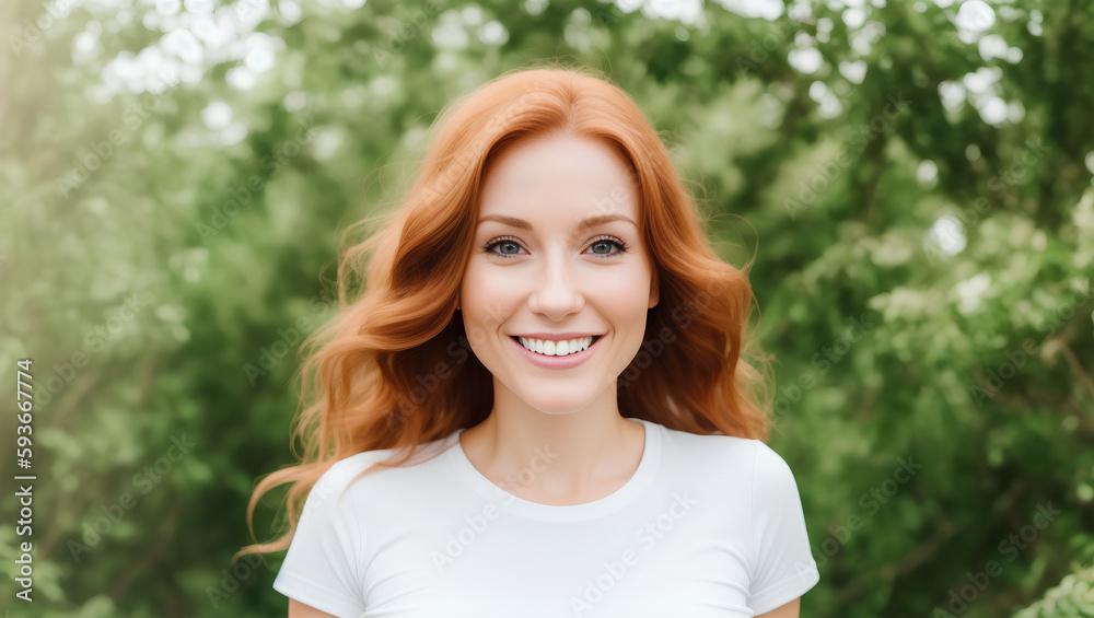 Portrait of young adult woman with red hair, white t-shirt and green blurry background. Generative AI Portrait of young adult woman with red hair, white t-shirt and green blurry background. Generative AI