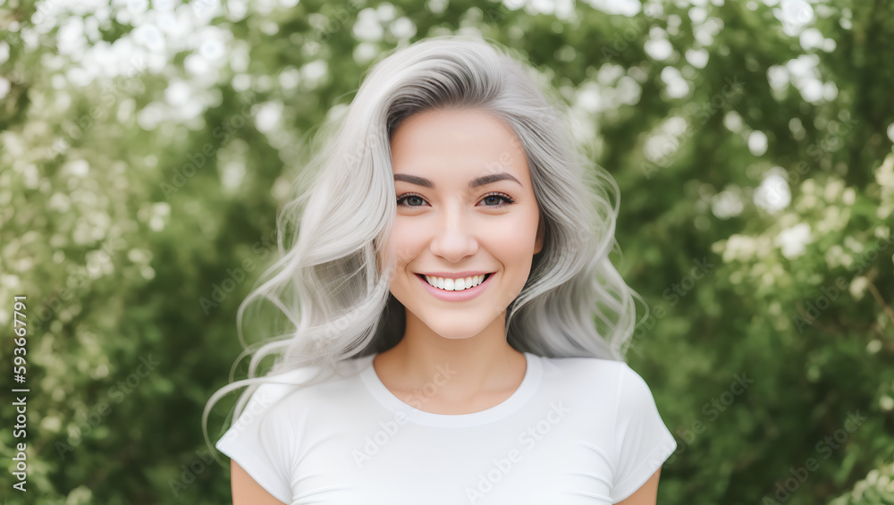 Portrait of young woman with grey hair, white t-shirt and green blurry background. Generative AI Portrait of young woman with grey hair, white t-shirt and green blurry background. Generative AI