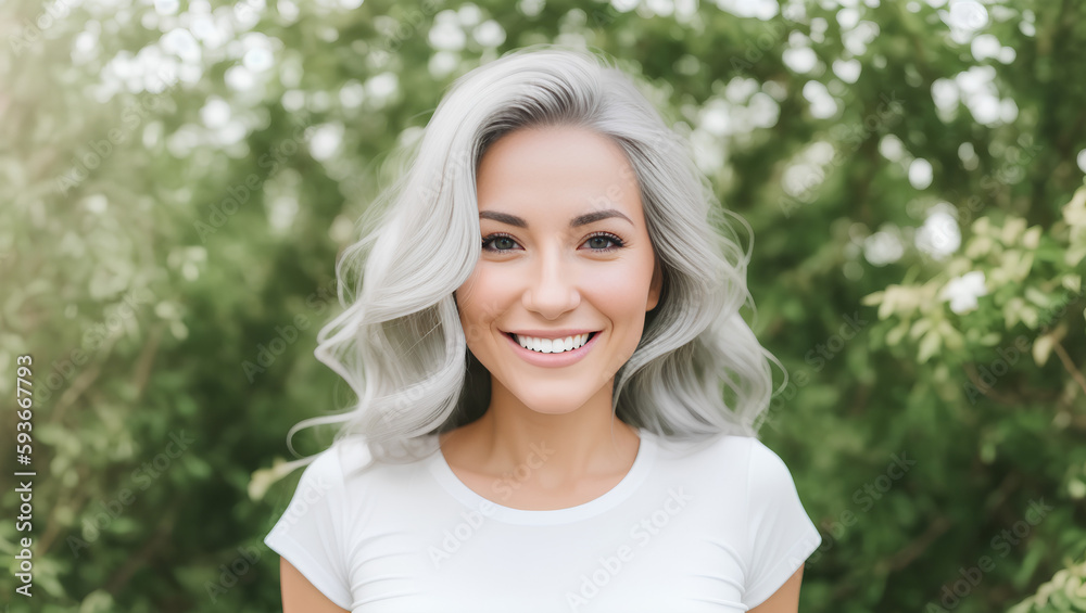 Portrait of young adult woman with white hair, white t-shirt and green blurry background. Generative AI Portrait of young adult woman with white hair, white t-shirt and green blurry background. Generative AI