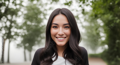 Portrait of young adult woman with dark hair, smile, white t-shirt and green blurry background. Generative AI