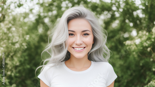 Portrait of young woman with grey hair, white t-shirt and green blurry background. Generative AI