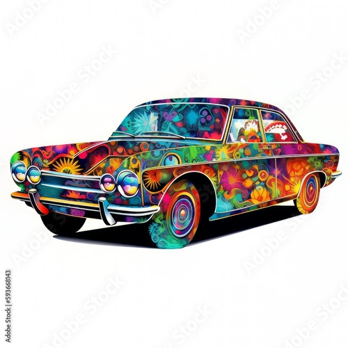Psychedelic car isolated on white background  colorful Vehicle art  automobile design  trippy car  acid vehicle.
