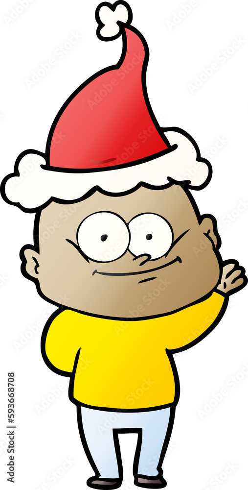 gradient cartoon of a bald man staring wearing santa hat