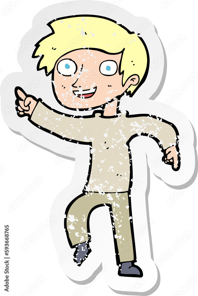 retro distressed sticker of a cartoon happy boy pointing retro distressed sticker of a cartoon happy boy pointing